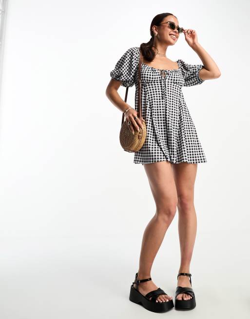 ASOS DESIGN 90s jersey flippy romper in mono gingham