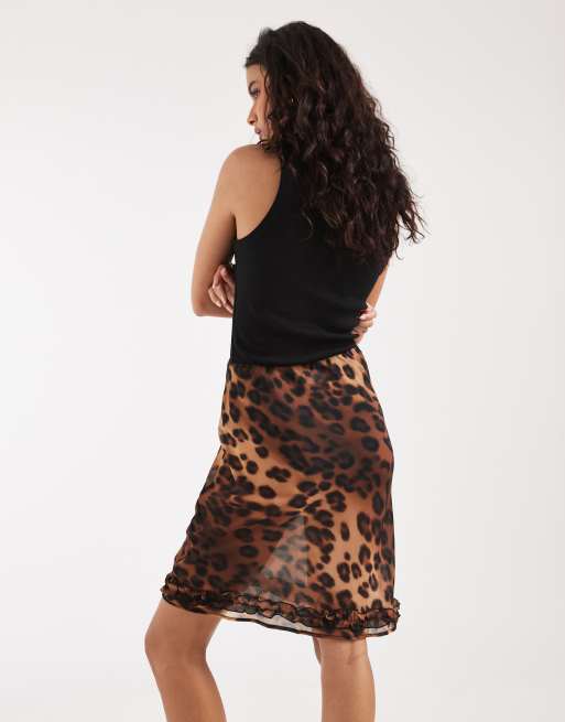 ASOS DESIGN 90s length midi slip skirt in leopard print, 2 of 5
