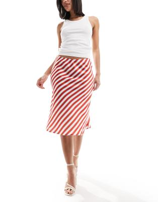 Asos Design 90s Length Satin Skirt In Red Stripe Print-multi