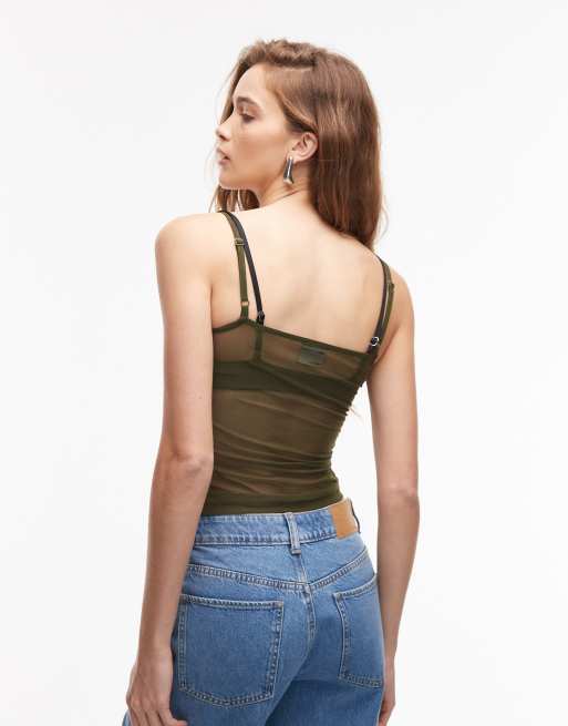 ASOS DESIGN 90's mesh cami top in khaki