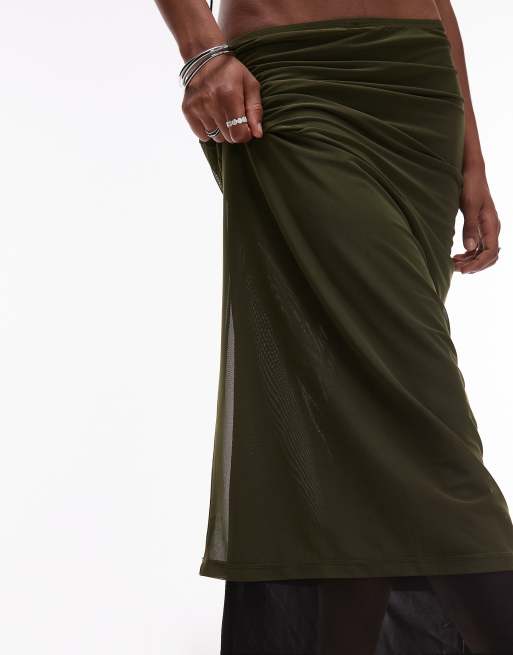 ASOS DESIGN 90's mesh double layer  maxi skirt in khaki co ord, 5 of 5