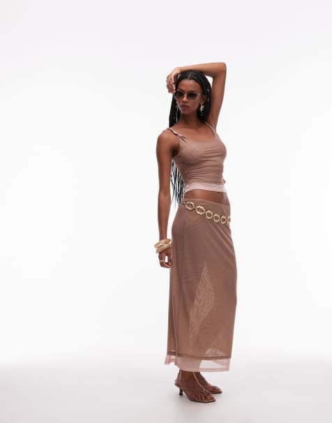 ASOS DESIGN 90's mesh double layer  maxi skirt in stone co ord - view 1