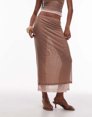 Asos Design 90s Mesh Double Layer Maxi Skirt In Neutral