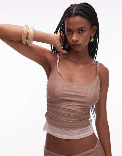 ASOS DESIGN 90's mesh double layer twist top in stone co ord - view 1