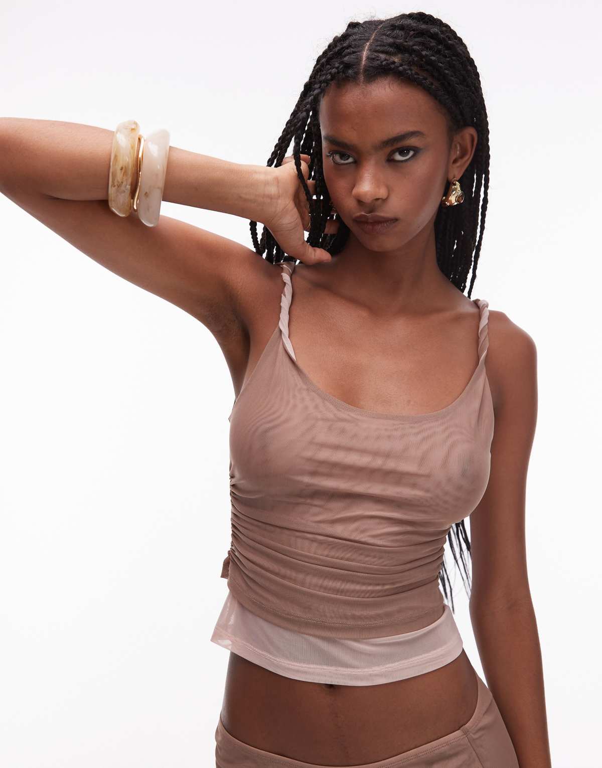 ASOS DESIGN 90's mesh double layer twist top in stone co ord