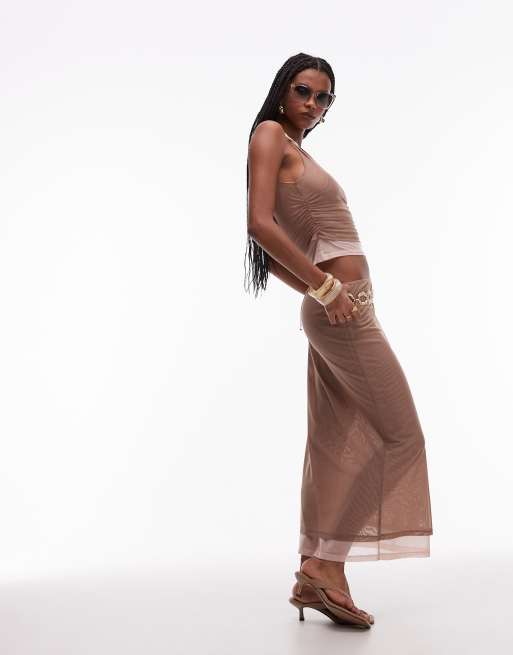 ASOS DESIGN 90's mesh double layer twist top in stone co ord, 2 of 4