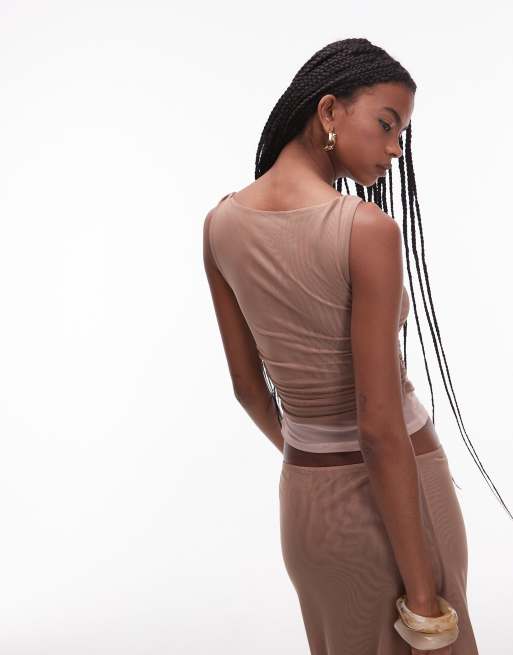 ASOS DESIGN 90's mesh double layer twist top in stone co ord, 3 of 4