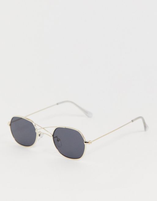 Asos Design 90s Metal Mini Round Sunglasses In Gold With Smoke Lens And Cross Brow Detail Asos 