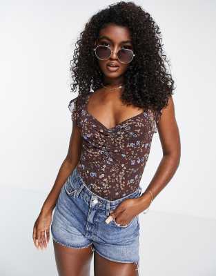 ASOS DESIGN 90s milkmaid mesh bodysuit in brown floral  | ASOS