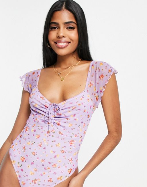 ASOS 90s Milkmaid Mesh Bodysuit With Short Sleeve in Red
