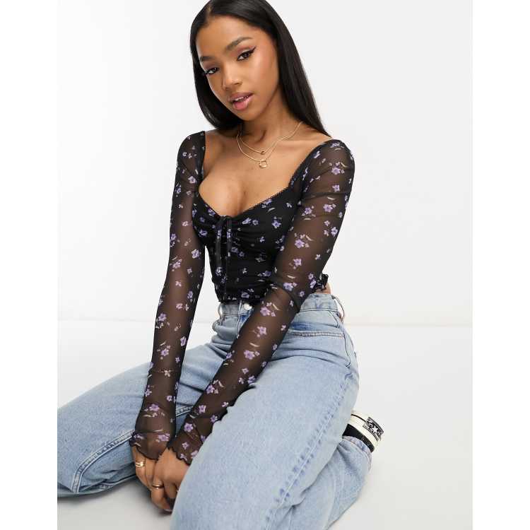 ASOS DESIGN 90s milkmaid mesh long sleeve top in dark floral | ASOS