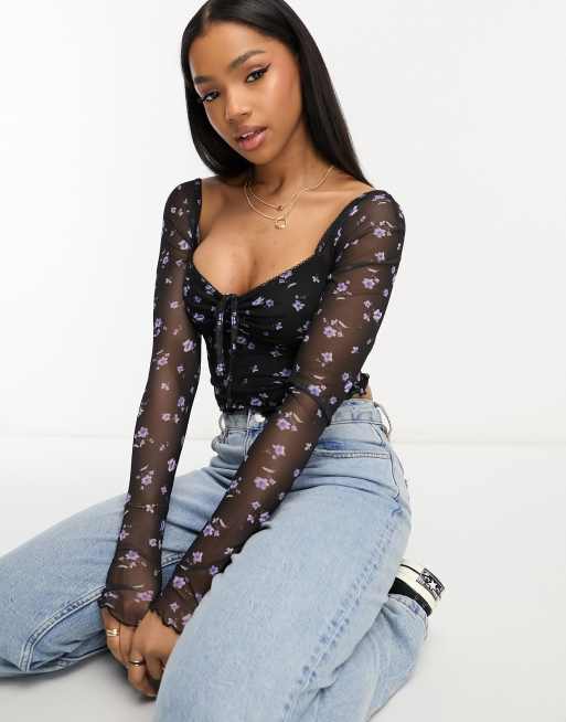 ASOS Sweetheart Neck Top With Mesh Sleeve in Black