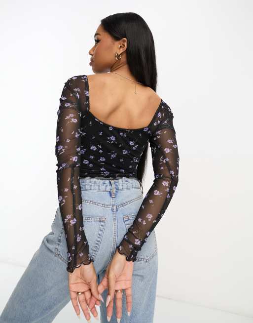 ASOS DESIGN 90s milkmaid mesh long sleeve top in dark floral