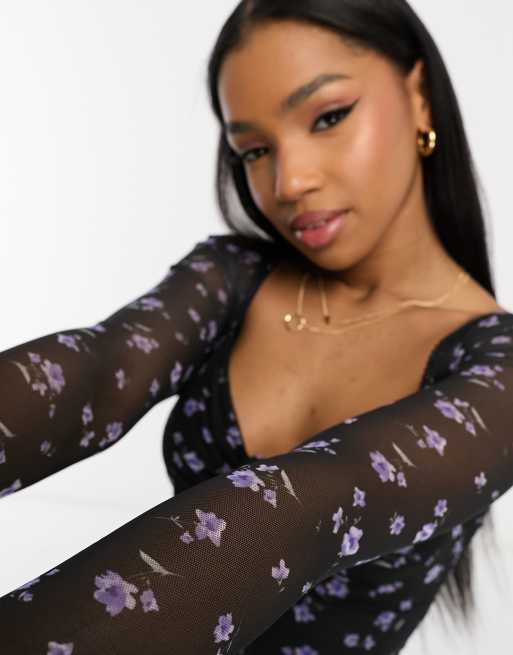 ASOS DESIGN 90s milkmaid mesh long sleeve top in dark floral | ASOS