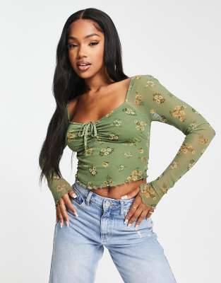 ASOS DESIGN 90s milkmaid mesh long sleeve top in green floral