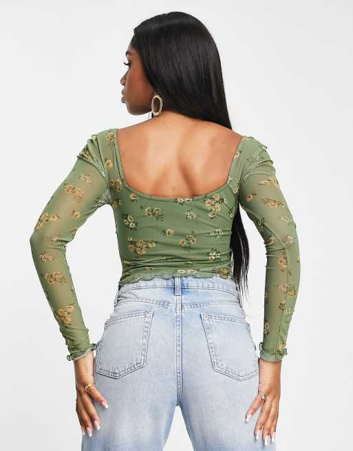 ASOS DESIGN 90s milkmaid mesh long sleeve top in green floral, 2 of 4