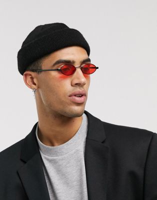 ASOS DESIGN 90s mini oval glasses in black with red lens