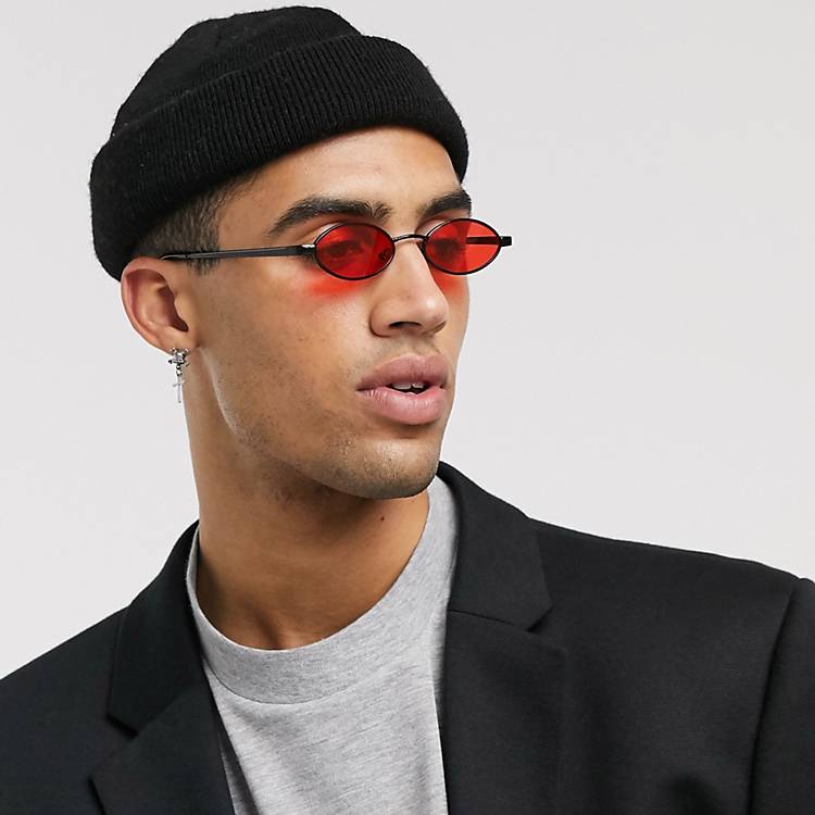 huurling zonde Ongehoorzaamheid ASOS DESIGN 90s mini oval glasses in black with red lens | ASOS