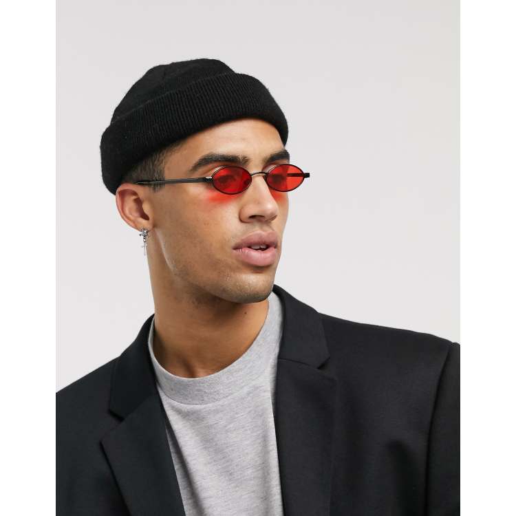 ASOS DESIGN 90s mini oval glasses in black with red lens | ASOS