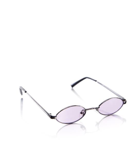 ASOS DESIGN 90s mini oval glasses in gunmetal with lilac lens, 3 of 4