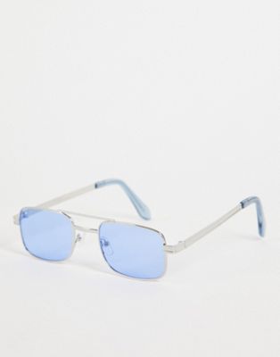 ASOS DESIGN 90's mini square sunglasses with blue lens in silver