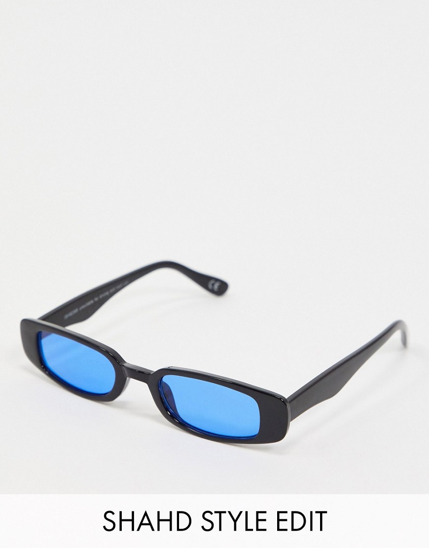 ASOS DESIGN 90s narrow square fashion glasses with blue coloured lens-Black