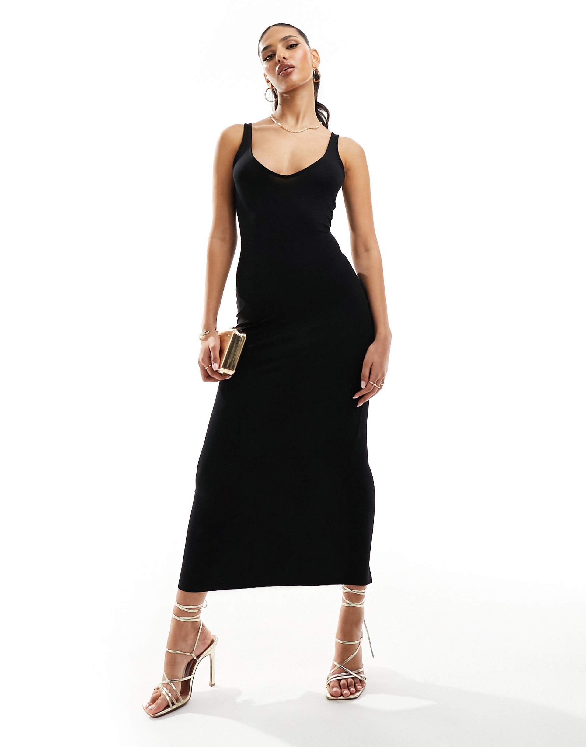 asos design 90s neckline minimal midi dress in black