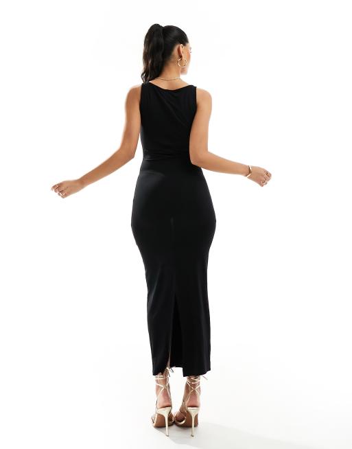 navy blue dress for baby girl ASOS DESIGN Petite 90s neckline minimal maxi dress in black main image 0