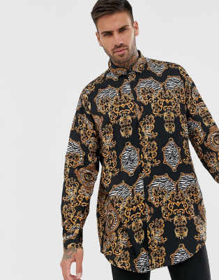 ASOS DESIGN 90s oversized baroque print shirt-Black