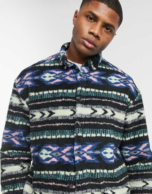 ASOS DESIGN 90s oversized borg printed fleece shirt in aztec ASOS