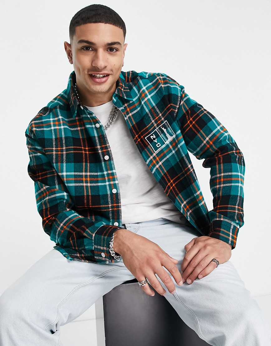 ASOS DESIGN 90s oversized brushed flannel check shirt with check city embroidery-Green