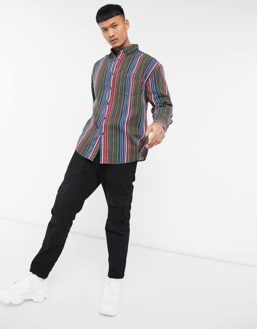90s mens dress shirts 90s Vertical Stripe- Green, Purple, Burgundy Short Sleeve Button Up main image 0
