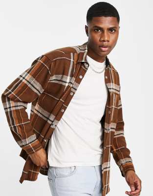 brown oversized boxy check flannel shacket