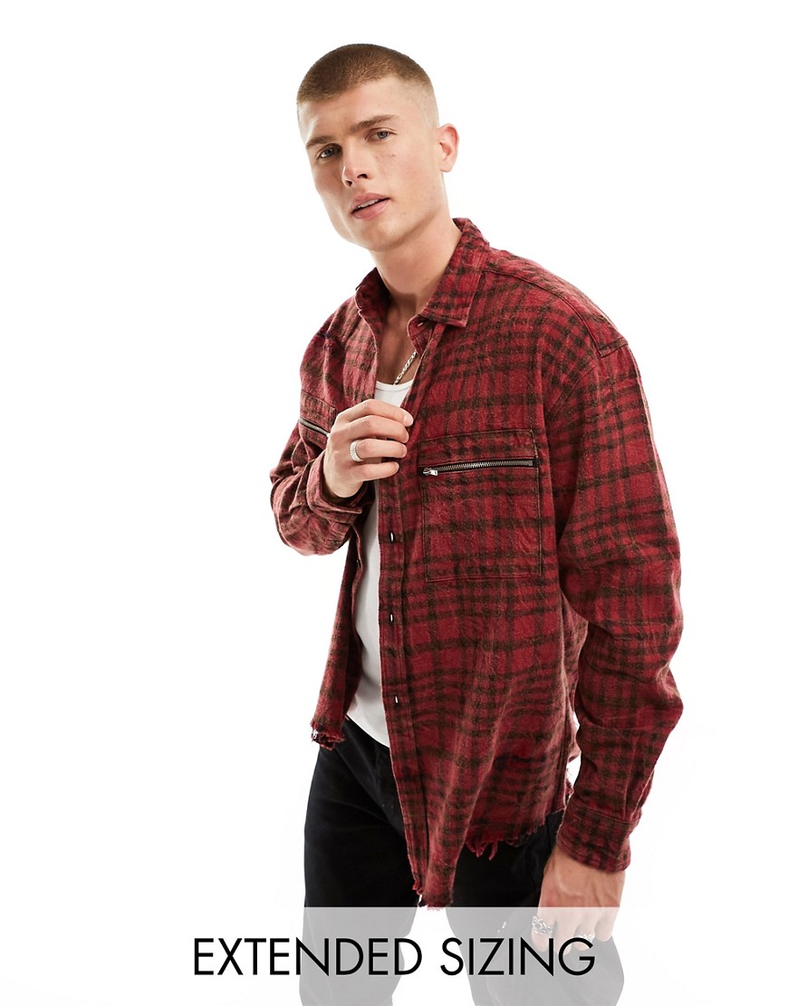 ASOS DESIGN 90s oversized check shirt in tartan print with distressed detail-Red
