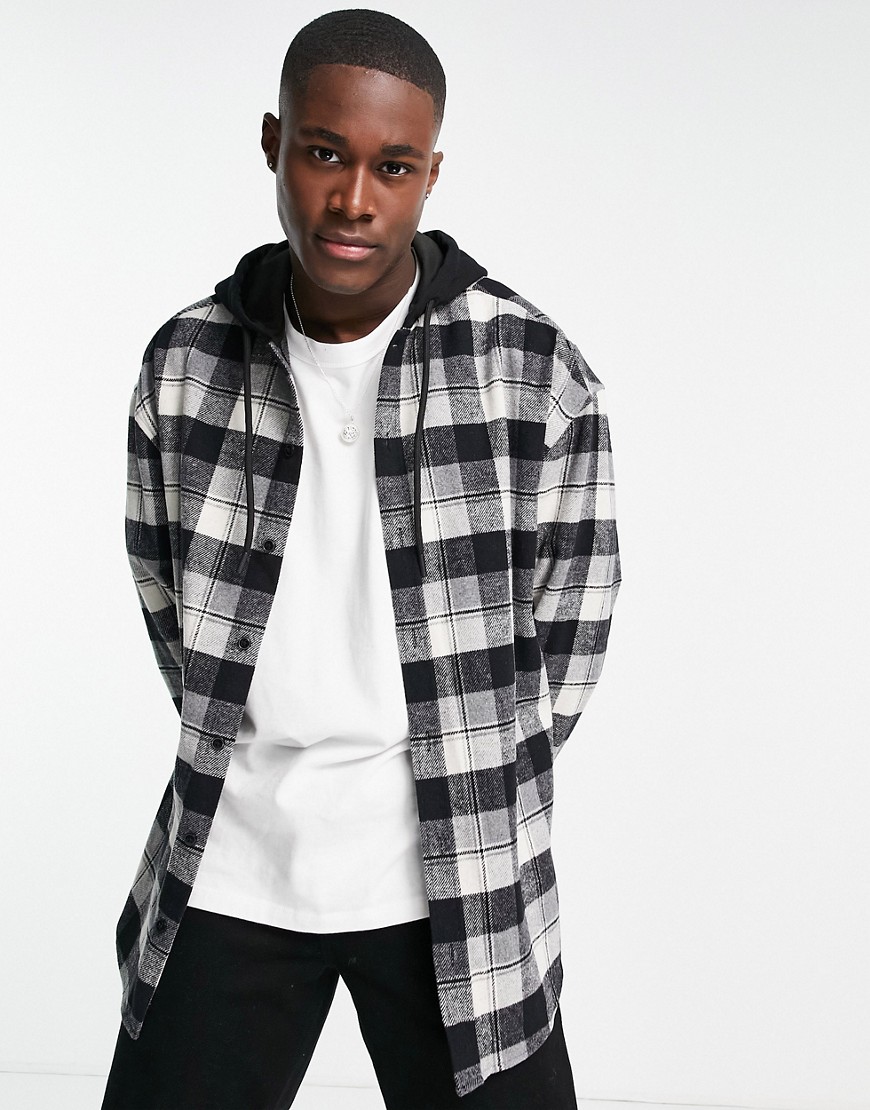 ASOS DESIGN 90s oversized check shirt with jersey hood-Grey