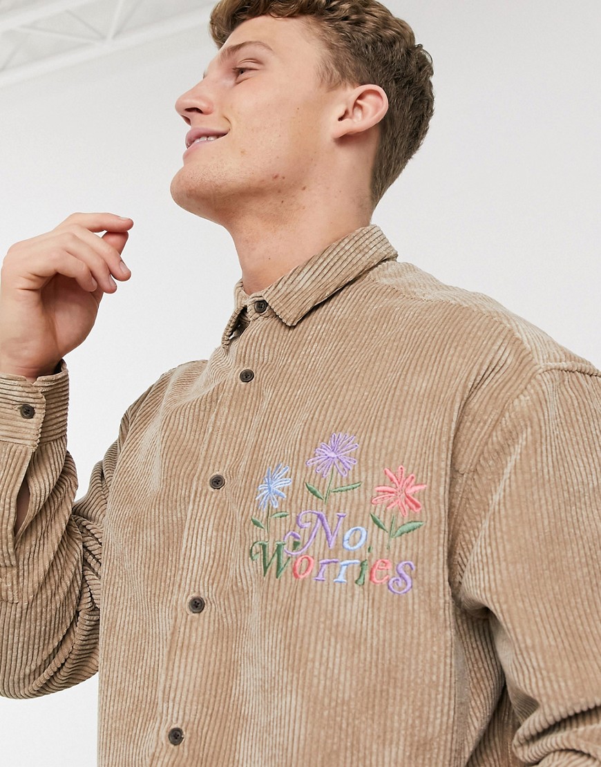 ASOS DESIGN 90s oversized chunky cord shirt in tan with embroidery slogan-Neutral