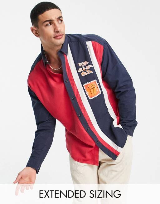 ASOS DESIGN 90s oversized collegiate colour block shirt with chest print in vintage wash