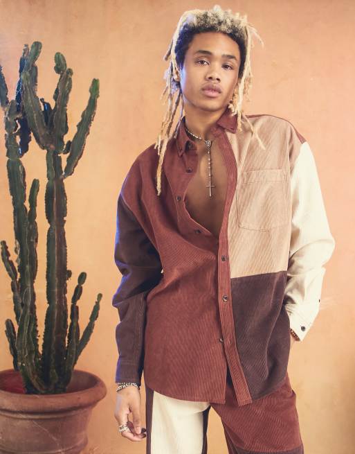 ASOS DESIGN 90s oversized color block cord shirt in brown - part of a set