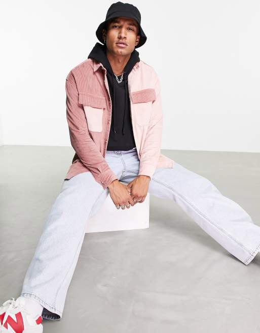 ASOS DESIGN 90s oversized colour block cord shirt in pink, 3 of 4