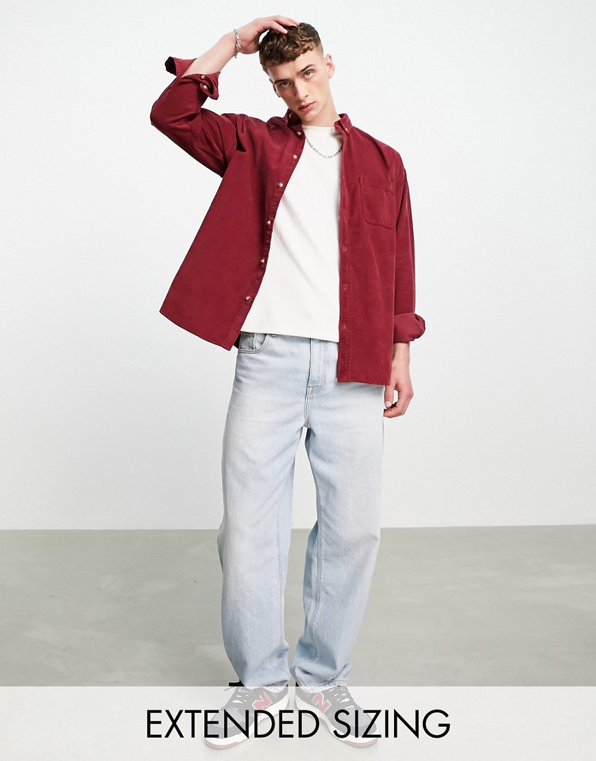 ASOS DESIGN 90s oversized cord shirt in burgundy-Red