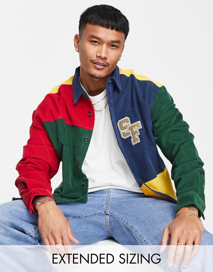 ASOS DESIGN 90s oversized cord shirt in collegiate color block with chest embroidery-Multi