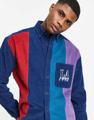 ASOS DESIGN 90s oversized cord shirt in color blocking with chest print 