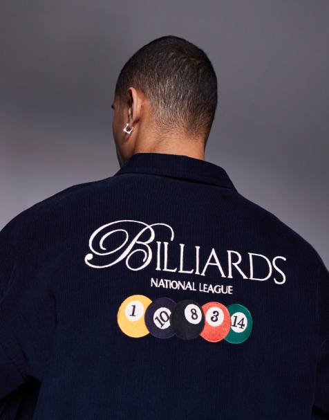 ASOS DESIGN 90s oversized cord shirt with back embroidery in navy - view 1