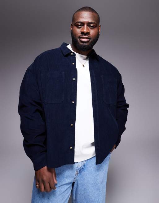 ASOS DESIGN 90s oversized cord shirt with back embroidery in navy