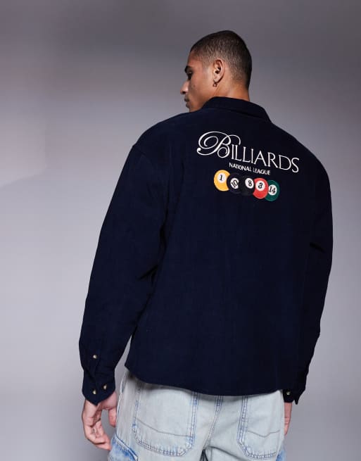 ASOS DESIGN 90s oversized cord shirt with back embroidery in navy