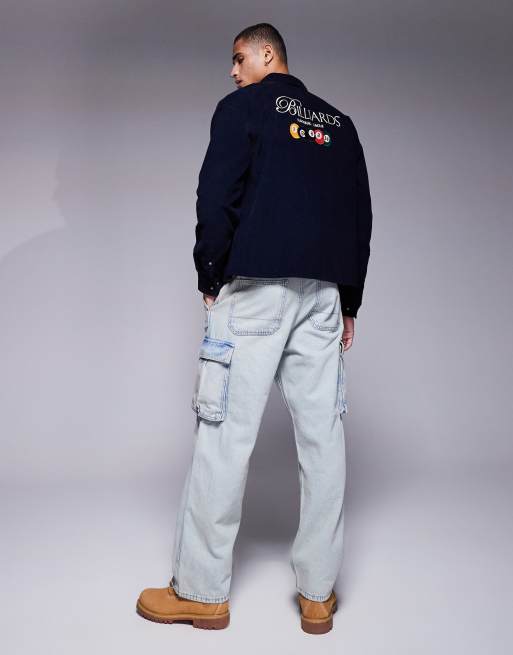 ASOS DESIGN 90s oversized cord shirt with back embroidery in navy