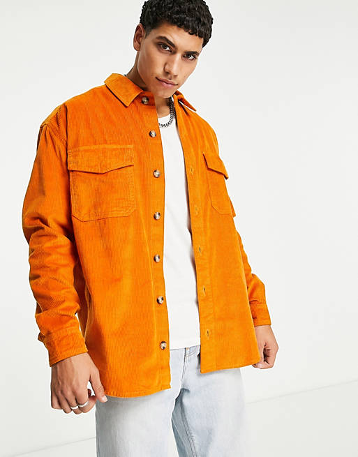  90s oversized cord shirt with double pockets in burnt orange 