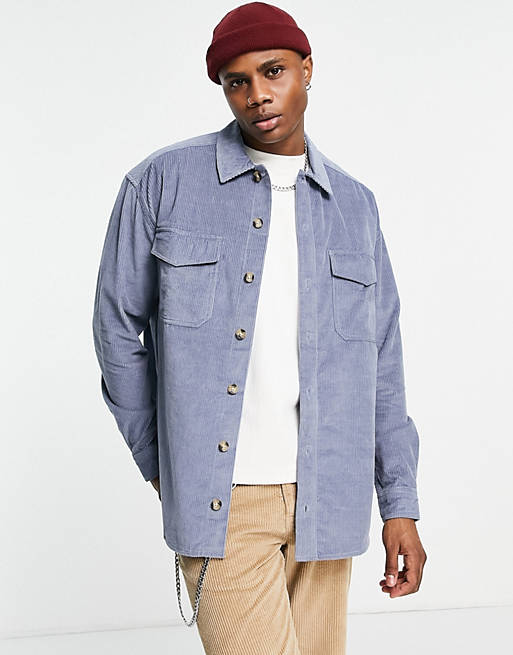 Shirts 90s oversized cord shirt with double pockets in dusky blue 