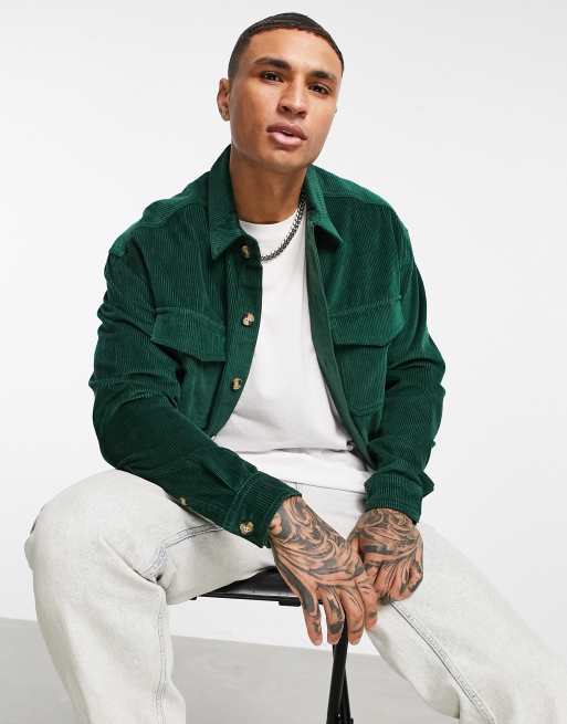 ASOS DESIGN 90s oversized cord shirt with double pockets in forest green