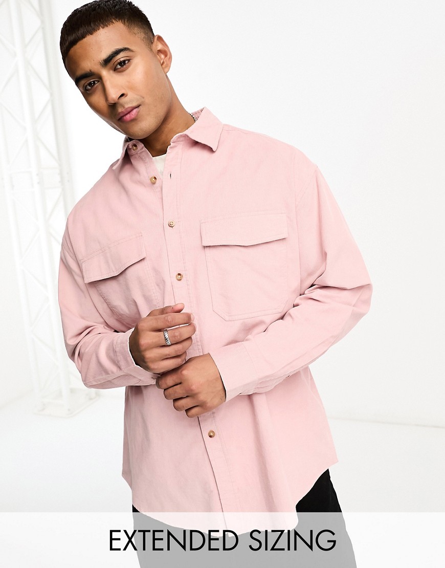 ASOS DESIGN 90s oversized cord shirt with double pockets in light pink